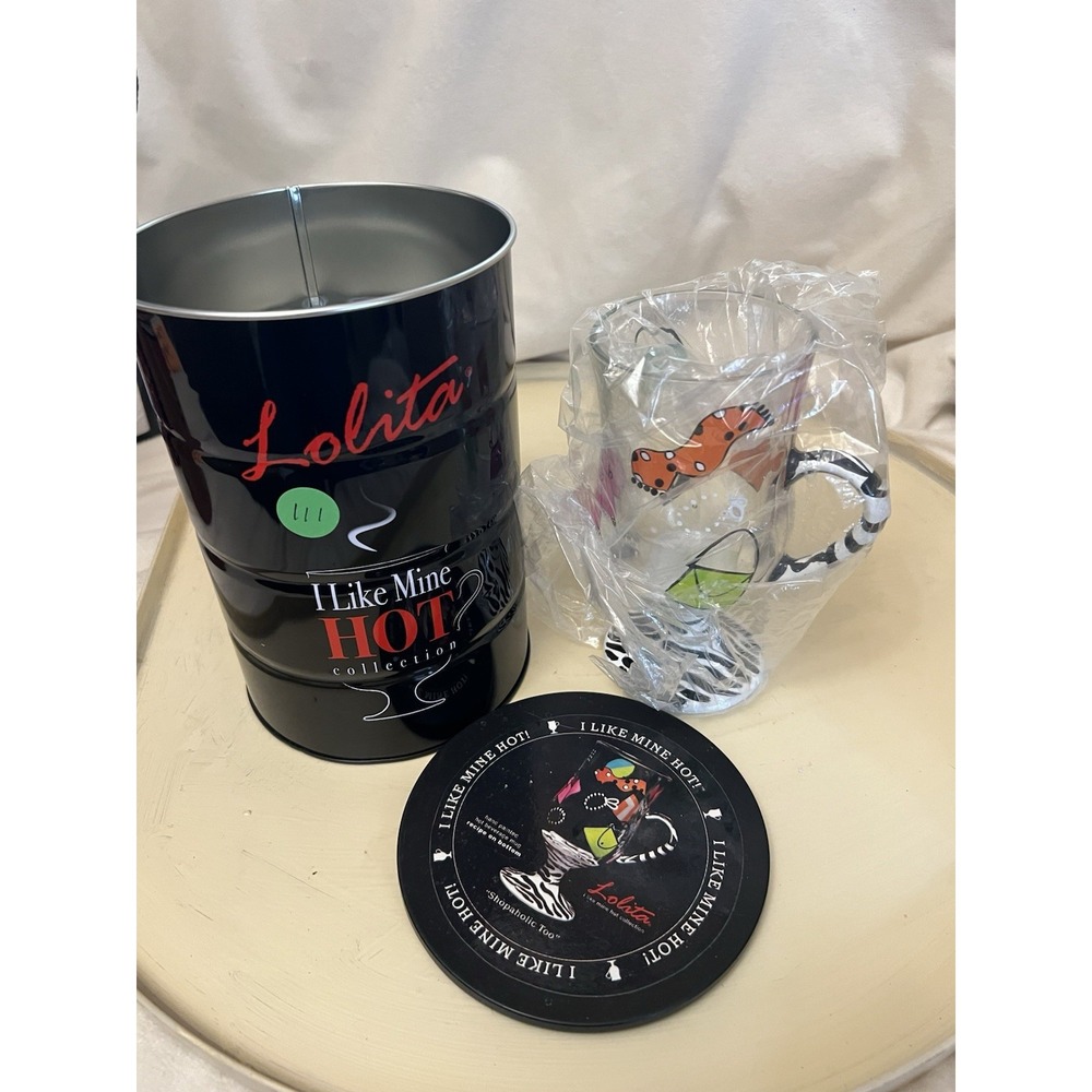 Lolita Mug I Like Mine Hot Shopaholic Too Glass 9 oz NEW in Can Coffee Cocoa Tea